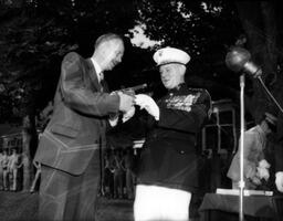 Ronald L. Way presenting Fort Henry model gun to Gen. Lemuel C. Shepherd, Commandant USMC, after he had assumed Honourary Command of Guard - V25.5-37-43 C