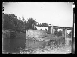 [Railway Bridge at Kingston Mills and Locks with Three Children Fishing]