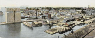 Colorized postcard of Kingston, Ontario, showing the shoreline near City Hall